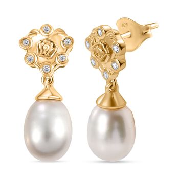 S&uuml;&szlig;wasser Perle, Wei&szlig;er Zirkon Ohrringe 925 Silber vergoldet