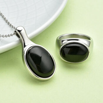 2er-set schwarz gef&auml;rbter Achat-Ring und Anh&auml;nger mit Kette, ca. 50 cm, 316L Edelstahl , ca. 27.00 ct