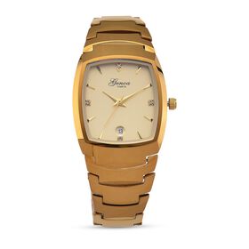 GENOA - Armbanduhr mit Datumsanzeige, Japanische-Uhrwerk mit Weißer Kristall, Wolframstahlgehäuse, Reiner Edeslstahl, Goldfarben