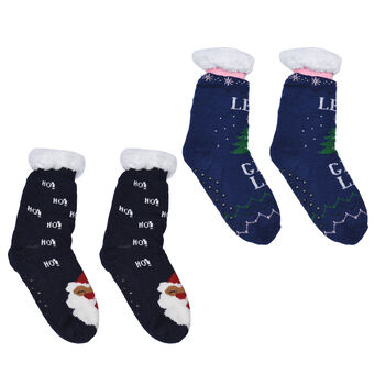 2er-Set - 2 Paar rutschfeste Haus Socken mit warmem Sherpa Futter, Einheitsgr&ouml;&szlig;e Weihnachtsmotiv, Schwarz und Blau&nbsp;