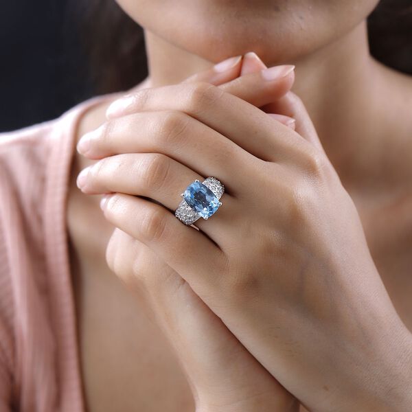 Himmelblauer Topas, wei&szlig;er Zirkon Ring, 925 Silber platiniert (Gr&ouml;&szlig;e 17.00) ca. 8.38 ct image number 3