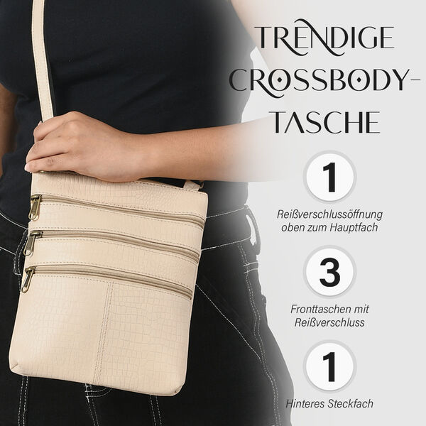 Echtleder Crossbody Tasche mit Kroko-Pr&auml;gung, Beige image number 2