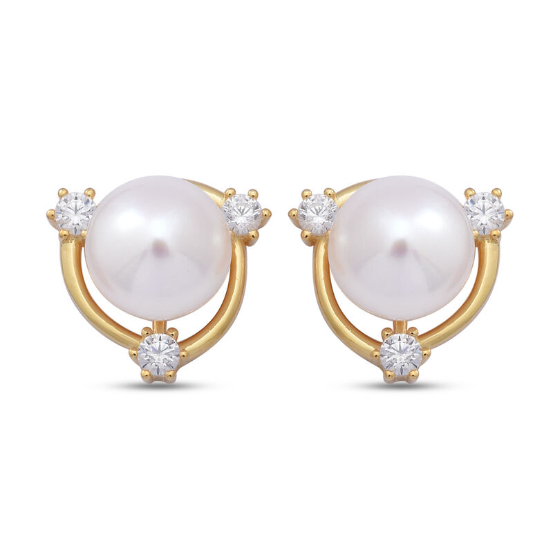 Weiße Süßwasser Perle und Simulierter Weißer Diamant Ohrringe 925 Silber Vergoldet ca. 0,75 ct image number 0