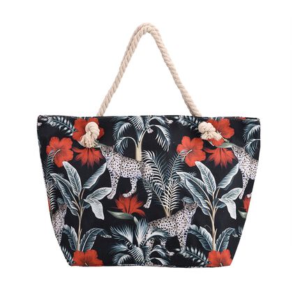 Gro&szlig;formatige Tragetasche mit Leoparden- und roten Blumenmotiven - mit Rei&szlig;verschluss, Innentasche, 40,5x18x38 cm