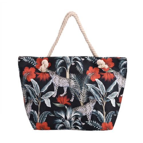  lifestyle-Color:flower with leopard ;  Size/Profile:tote bag; Wall (exterior):Polyester,Lining (Interior):polyester  Pockets (exterior):Zipped-1;Pockets (interior):slip-1;Measurement (inches):15.95*7.08*14.96inch;  Closure Type: zipped; Hardware Type: Me