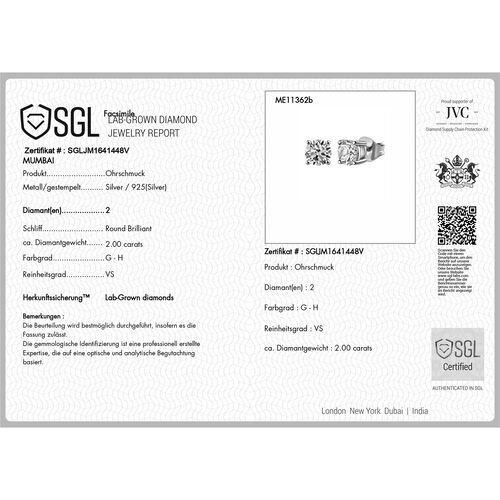 LUXURIANT DIAMOND- SGL zertifizierte VS-GH Labor Diamant Ohrstecker, 925 Silber rhodiniert - 2 ct. image number 0