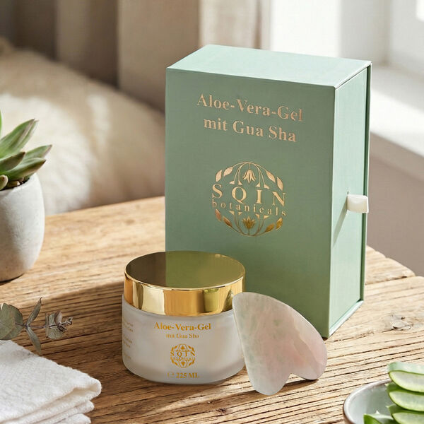 "ALOE VERA gel with Gemstone Rose quartz - 225 ml Gua Sha Size  Color - Green Box Size- 17 - x 11  x 7 cm Gua sha Dimension - 7 x 4.5 cm", " Rose quartz Gemstone Gua sha  Size - 7 x 4.5 cm Color- Pink" image number 1