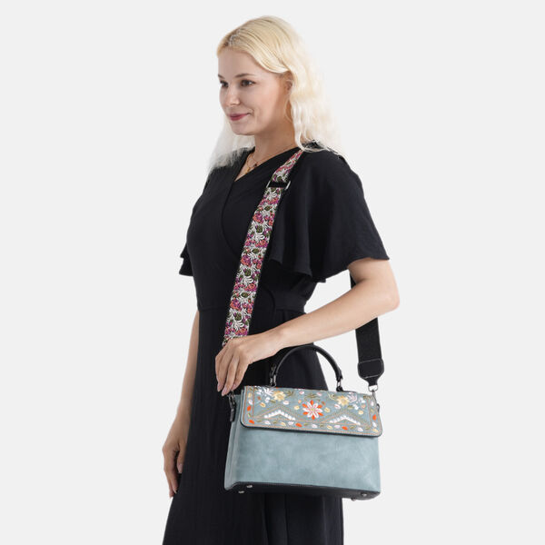 Florale Kunstprint Crossbody-Tasche mit gemustertem Schulterriemen, 29 x 11 x 21 cm, Petrol image number 2