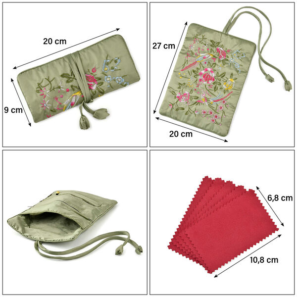 Schmuckorganizer aus Satin mit Stickerei und 5 Premium-Poliertüchern, 20x9cm, Olive image number 4