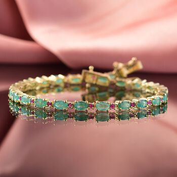 Smaragd, Nat&uuml;rlicher Mosambik-Rubin Armband ca. 19 cm 925 Silber 750 Gelbgold Vermeil ca. 6,65 ct.