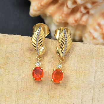 Blaze Feuer Opal, Wei&szlig;er Zirkon Ohrringe 925 Silber 750 Gelb Vergoldet ca. 0.60 ct