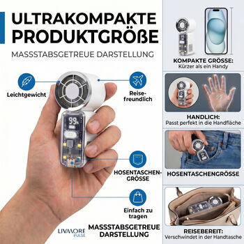 LIVMORE High Speed Mini Taschenventilator mit LED Licht, 3000 mAh Akku, 6 Geschwindigkeitsstufen, Wei&szlig;
