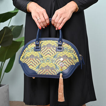 Brokat-Handtasche mit 100% Leder-Griffen, mit Jade-Quaste, Wellen-Muster, Gelb