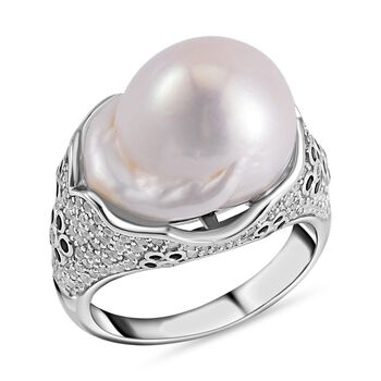 Wei&szlig;e Barockperle, Schwarzer Spinell Ring, 925 Silber rhodiniert (Gr&ouml;&szlig;e 17.00)