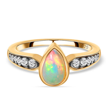 Natürlicher, äthiopischer Opal und weißer Zirkon-Ring, 925 Silber vergoldet (Größe 20.00) ca. 0,80 ct
