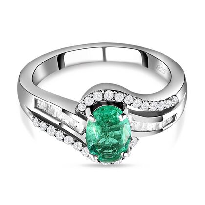 AA Äthiopischer Smaragd und weißer Diamant-Ring, 925 Silber platiniert (Größe 16.00) ca. 0,93 ct