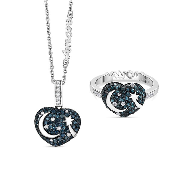 GP Amore Kollektion - Multi Diamant und Kanchanaburi blauer Saphir Ring und Anhänger mit 45cm Kette image number 0