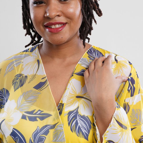 Gemusterter Chiffon Cardigan, One Size, Blattmuster, Gelb image number 5