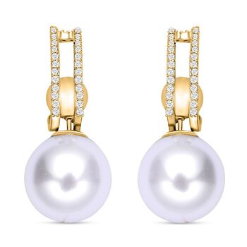 Wei&szlig;e Muschelkernperlen und Zirkonia-Ohrringe, Messing ca. 0.10 ct