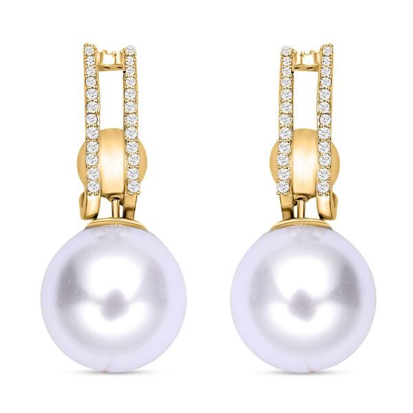 Wei&szlig;e Muschelkernperlen und Zirkonia-Ohrringe, Messing ca. 0.10 ct