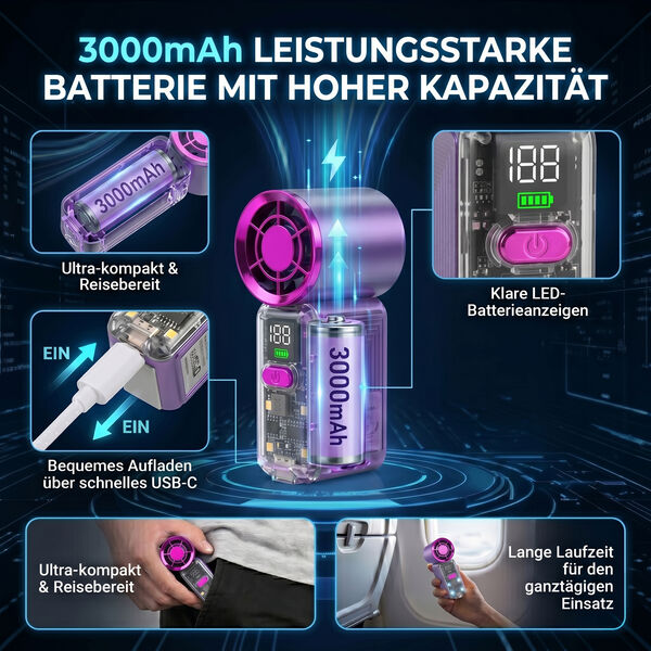 LIVMORE High Speed Mini Taschenventilator mit LED Licht, 3000 mAh Akku, 6 Geschwindigkeitsstufen, Lila image number 4