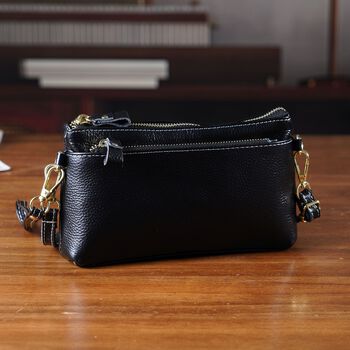 Echtleder Crossbody Tasche, mehrere Rei&szlig;verschlussf&auml;cher, verstellbarer Schulterriemen, 21,5x4x13cm, Schwarz