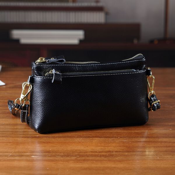 Echtleder Crossbody Tasche, mehrere Rei&szlig;verschlussf&auml;cher, verstellbarer Schulterriemen, 21,5x4x13cm, Schwarz image number 2