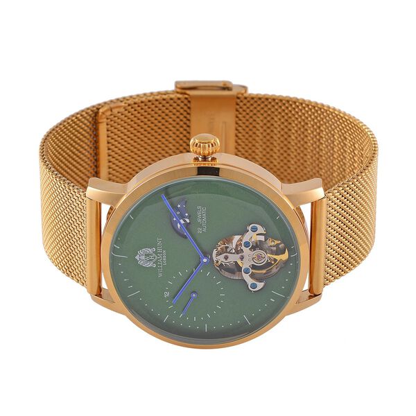 William Hunt Automatik-Uhr - IP-schwarzbeschichtetes Edelstahlgeh&auml;use, gr&uuml;nes Multifunktionszifferblatt mit gew&ouml;lbtem Glas, Edelstahl-Mesh-Armband, Glasboden, 5 ATM wasserdicht, Reiner Edelstahl image number 4