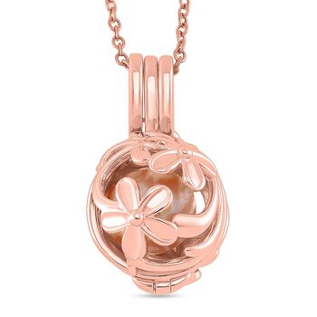 Pfirsich Edison-Perle Anh&auml;nger mit Kette, Blumen-Cage-Design, ca. (10-12mm), Messing und Edelstahl, Ros&eacute;farben