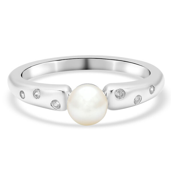 Japanische Akoya Perle und Zirkon Ring 925 Silber rhodiniert  ca. 0,13 ct