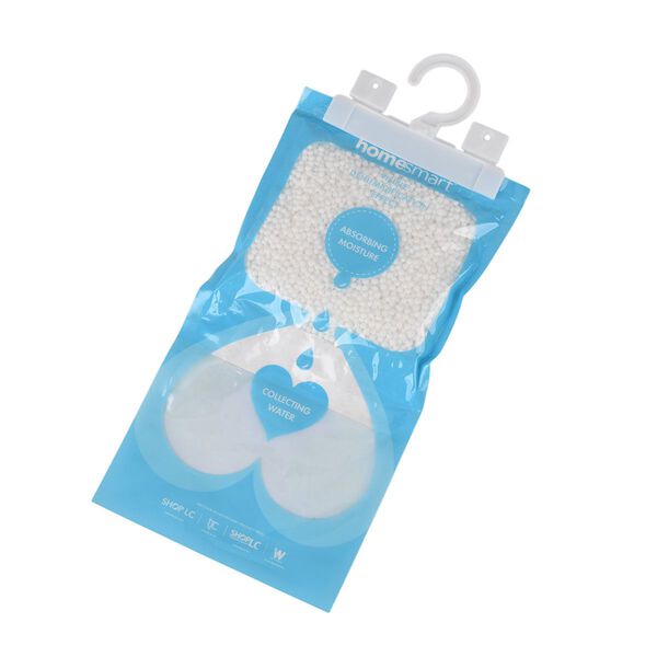 HOME SMART Hanging dehumidifier bag 220g*10  1.N.W: 220g Calcium chloride per bag  2. Without fragrance 3. White or blue hook+customized inner bag(Tymek)+blank outer bag  4.PET / PP 5. bag size:L30 x W16cm 6. G.W 250g image number 2