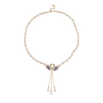 Wei&szlig;e S&uuml;&szlig;wasser Perle, Zirkonia Halskette, ca. 45cm + 2.5cm extender, Nickelfreies Messing gelb vergoldet