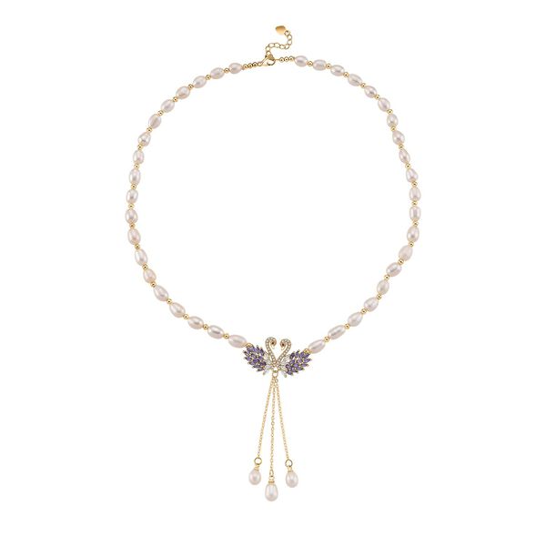 Wei&szlig;e S&uuml;&szlig;wasser Perle, Zirkonia Halskette, ca. 45cm + 2.5cm extender, Nickelfreies Messing gelb vergoldet image number 3