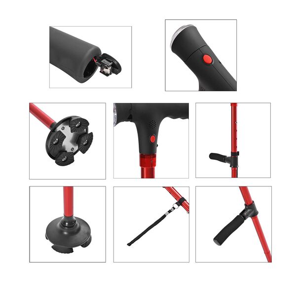 Klappbarer Smart-Walking-Stick mit drehbarem LED-Frontlicht und SOS-Alarm, Rot image number 7