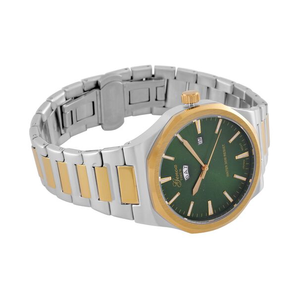 GENOA - Japanisches Uhrwerk, Grünes Sonnenschliff-Zifferblatt mit Balkenindexen, Edelstahl mit Faltschließe, Reiner Edelstahl, Bicolor, 20 cm image number 6