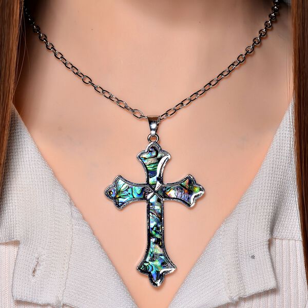 Abalone Muschel  Kreuz Anhänger mit Kette, Messing image number 2