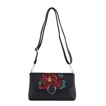 Umh&auml;ngetasche aus 100% echtem Leder, Pfingstrosen-Muster, Gr&ouml;&szlig;e 25x7x15 cm, Schwarz