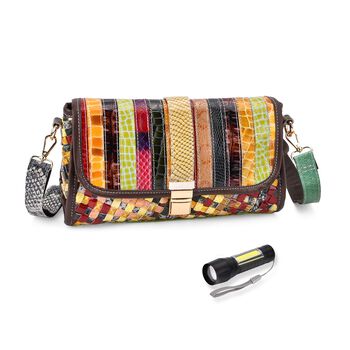 Chaos by Elsie, Crossbody-Tasche aus echtem Leder, Multicolor mit gewebtem Muster, RFID-Schutz und Mini-Taschenlampe, ca. 28 x 10 x 18 cm