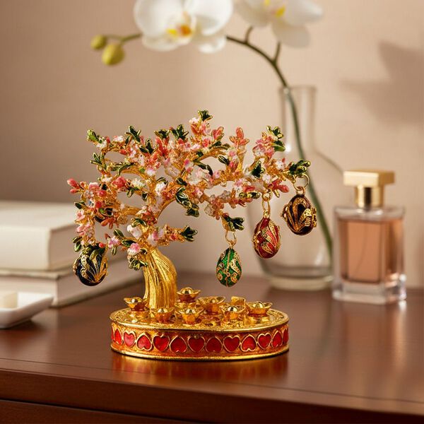 Eleganter goldfarbener Schmuckhalter in Baumform mit rosa Kristallen und dekorativen eif&ouml;rmigen Anh&auml;ngern, Gr&ouml;&szlig;e 8,5x4,5x9cm - Rosa image number 1