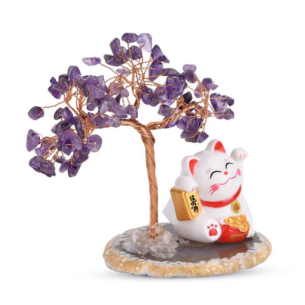 LIVMORE Solar Edelstein Gl&uuml;ckskatze Dekoration mit Achatbasis und 108 Amethyst Steinen ca. 11 cm Lila image number 4