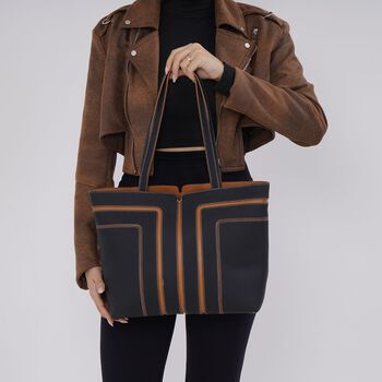 Echtleder Shopper, geometrisches Panel Design, 32x12x28, Schwarz