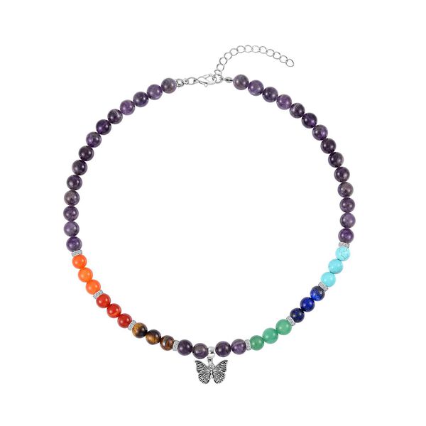 2er Set - Schmetterling Anh&auml;nger mit Mehrfarbigen und Amethyst Edelsteinperlen Chakra Halskette und Armband image number 3