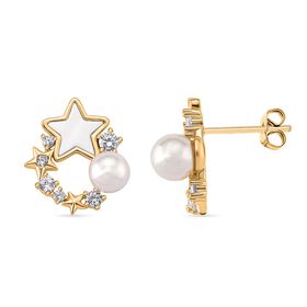 Weiße Muschelkernperle (5-7 mm), Weißes Perlmutt Ohrringe, Nickelfreies Messing, golfarben