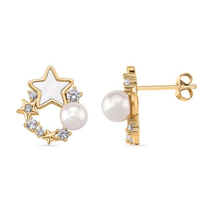 Wei&szlig;e Muschelkernperle (5-7 mm), Wei&szlig;es Perlmutt Ohrringe, Nickelfreies Messing, golfarben