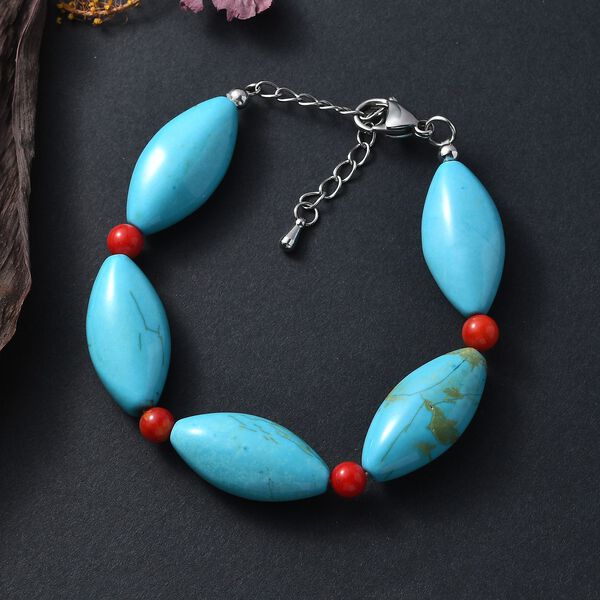 Gefärbtes blaues Magnesit und Koralle Armband, 19cm - 145 ct. image number 1