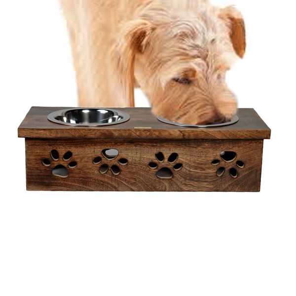 NAKKASHI - Handgeschnitzter Mangoholz Fressnapf mit Edelstahlschalen, 48x20x12,5 cm, Pfoten image number 2
