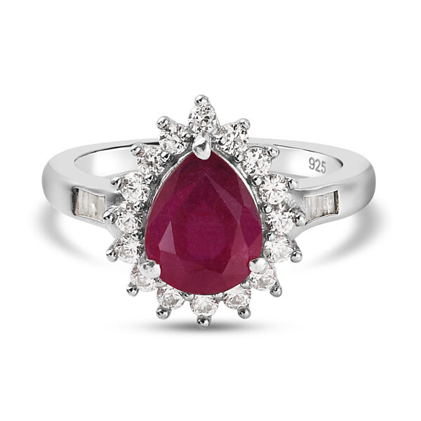 Afrikanisher Rubin(Fissure gef&uuml;llt) und Zirkon Ring 925 Silber platiniert