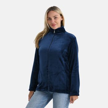 LA MAREY - Velvet Kuschel Jacke mit Rei&szlig;verschluss und Taschen, Marineblau, L / XL