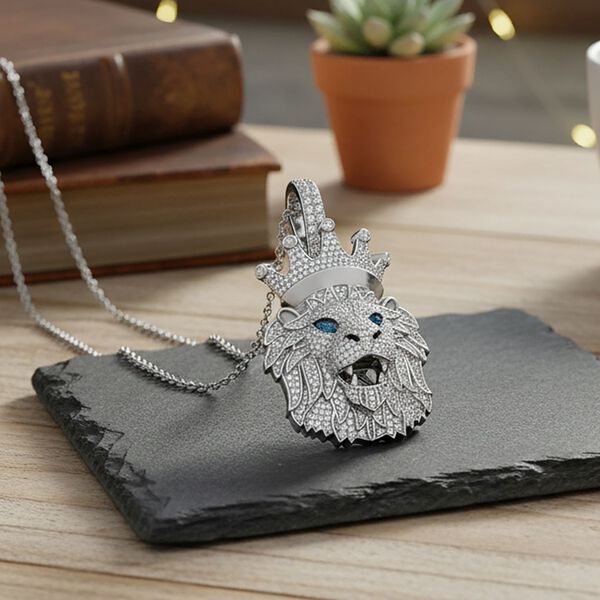 Moissanit L&ouml;wenkopf, London Blau Topas Anh&auml;nger mit Kette, 925 Silber rhodiniert ca. 4.07 ct image number 2