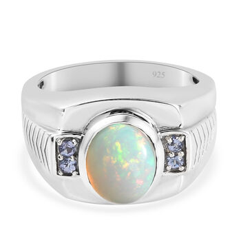 Nat&uuml;rlicher &Auml;thiopischer Opal und Tansanit Herren Ring 925 Silber platiniert (Gr&ouml;&szlig;e 19.00) ca. 1,84 ct